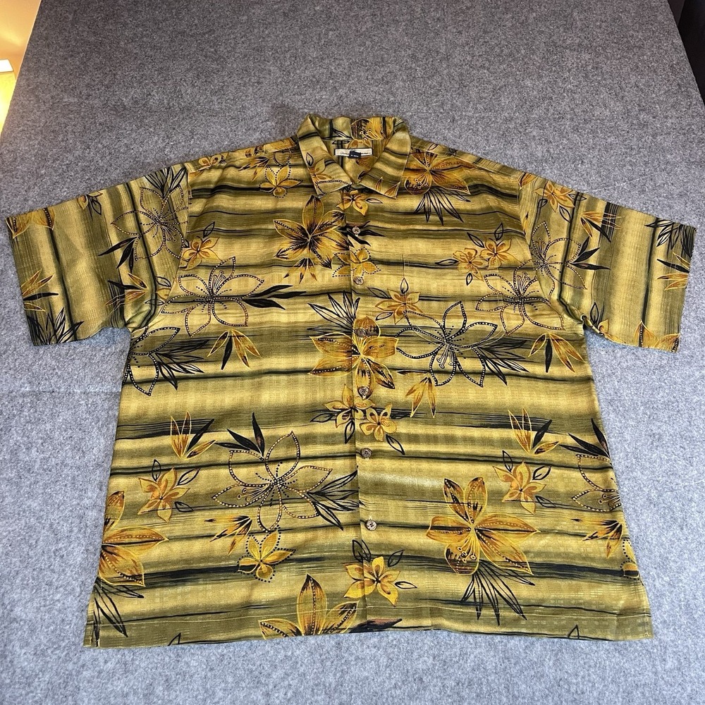 Tommy Bahama Shirt Mens XL 100% Silk Gold Floral Camp Loop Collar Button Front